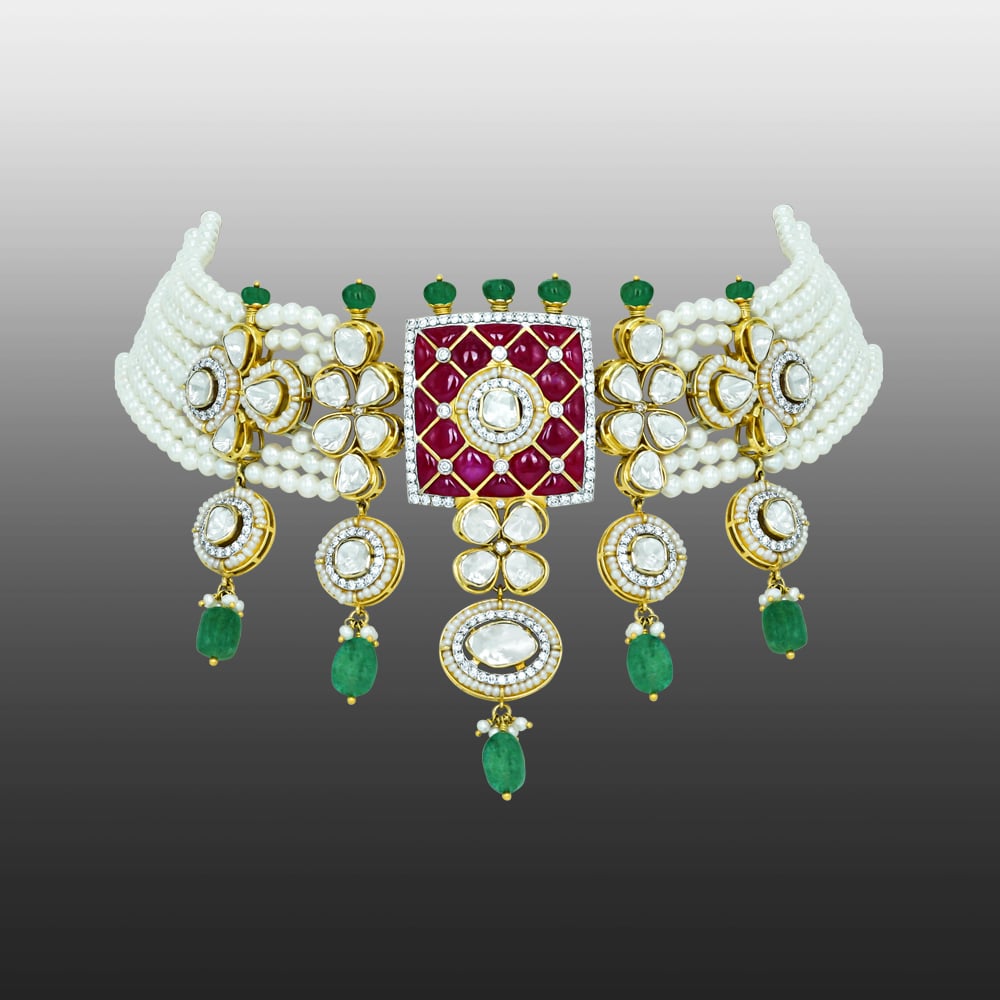 Pearl Choker with Ruby Talaf, Polki, and Emerald Drops